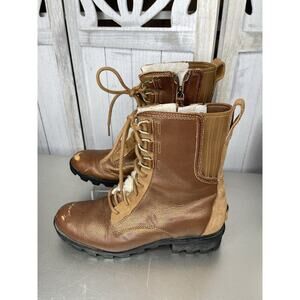 Womens Sorel Phoenix Lace Shearling Mid Ankle Fur Winter Distressed Boots Sz 10